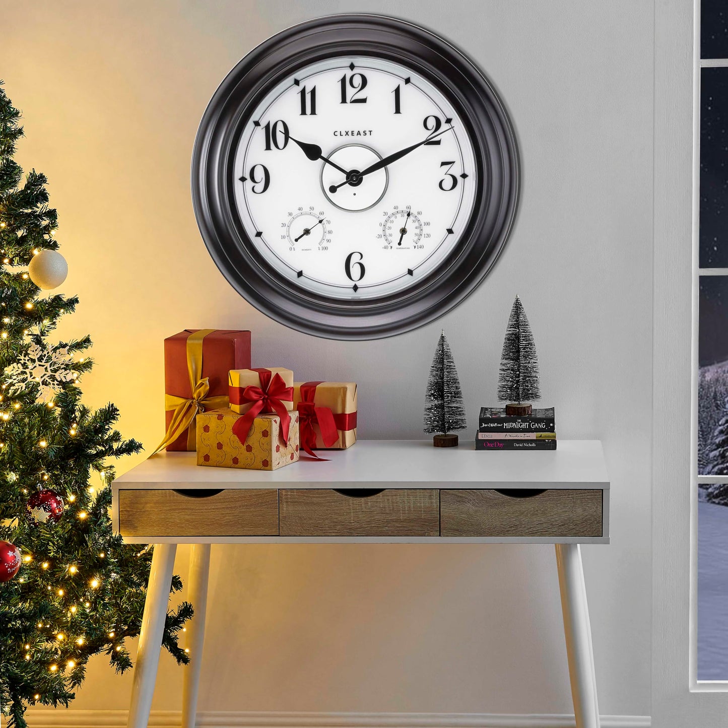 CLXEAST 24 Inch LED Self-Illuminated Outdoor Metal Clocks Waterproof, Large Lighted Outdoor Clock with Temperature and Humidity,Oil Rubbed Bronze Black,Spring Garden Decor