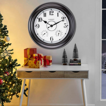 CLXEAST 24 Inch LED Self-Illuminated Outdoor Metal Clocks Waterproof, Large Lighted Outdoor Clock with Temperature and Humidity,Oil Rubbed Bronze Black,Spring Garden Decor