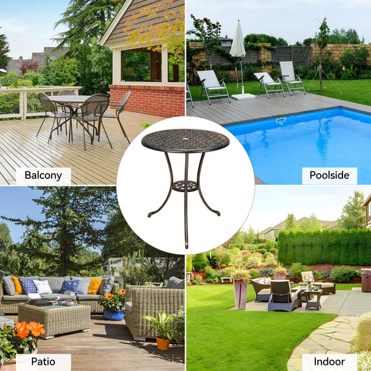 GarveeHome Patio Bistro Table, 24" Round Outdoor Coffee Table with 2" Umbrella Hole, Outdoor Cast Aluminum Bistro Table Side Table with Iron Frame for Balcony Backyard Lawn and Garden, Rustic Brown