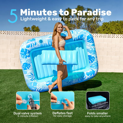 SLOOSH Misting System Inflatable Tanning Pool Lounger Float, 6 in 1 Large Mist Cooling Tanning Bed Floaties with Pillow & Cup Holders, 70" x 46" Blow Up Suntan Lounge Raft Beach Backyard Adults Gifts