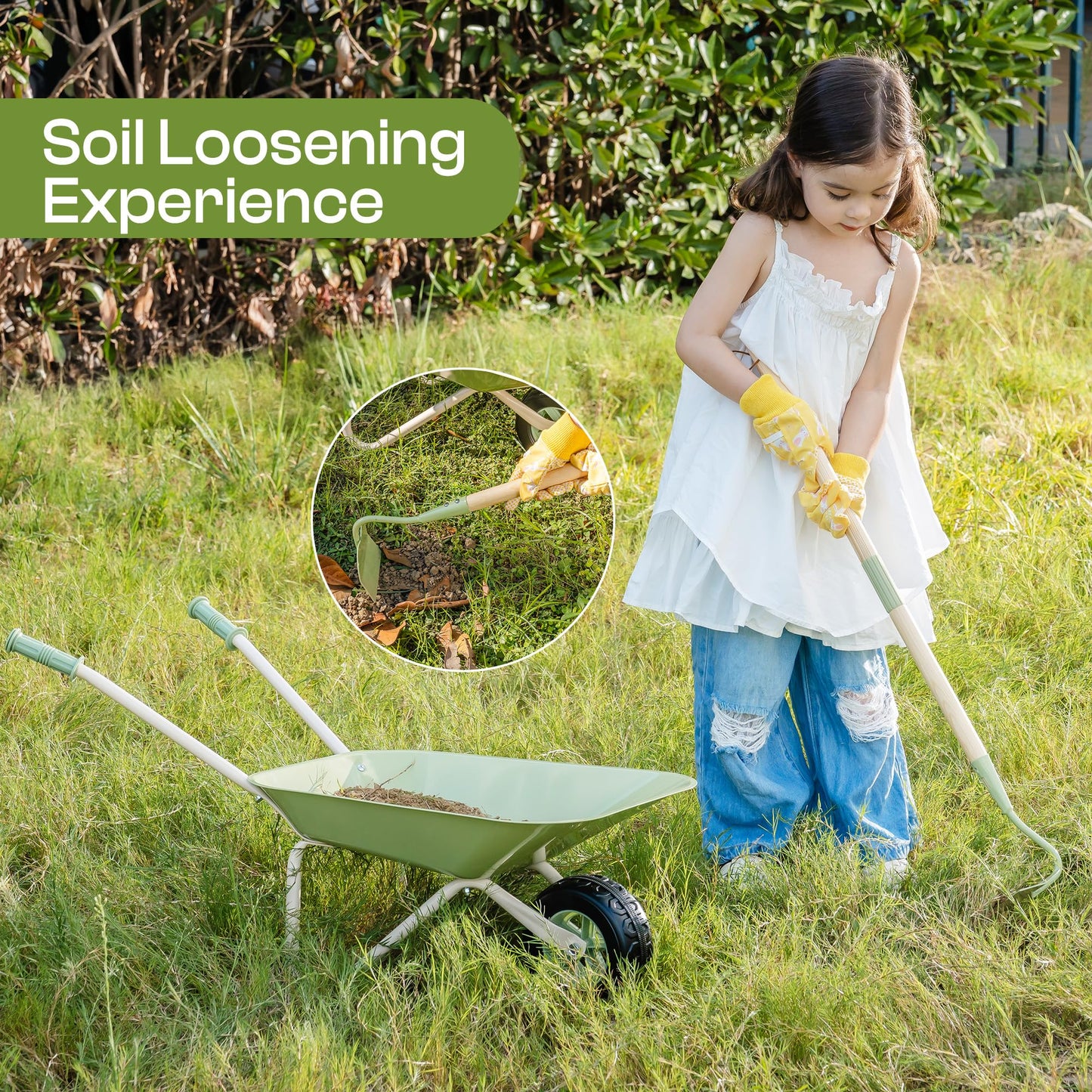 ROBUD Kids Wheelbarrow Set, Green Metal Toddler Wheelbarrow with Shovel, Hoe, Broom & Gloves, Kid Gardening Set for Kid to be Closer to Nature, WRP43