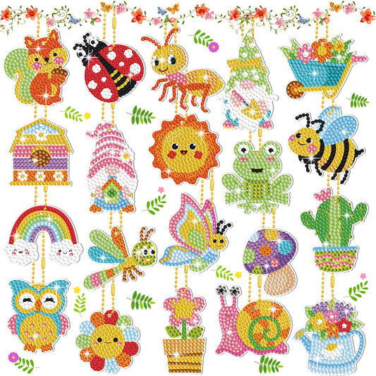 Inbagi 20 Pcs Spring Diamond Painting Kits Diamond Art Keychain 5d DIY Painting Tags Flower Insect Animal Bee Frog Crafts Ornaments Hanging Spring Summer Decor