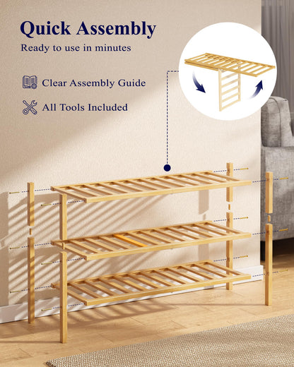 Kitsure Bamboo Wooden Shoe Rack for Closet - Stackable Shoe Organizer with Modular Structure, Space-Saving Shoe Shelf for Entryway, Living Room, Bedroom, 26.8" x 11" x 18.9", Natural