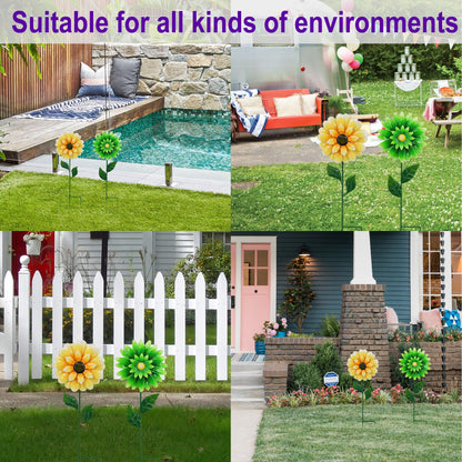 Metal Retro Flower Wind Spinner Art, Guangxie Yard Decorations Outdoor - 2 Pack for Outdoor, Patio, Backyard and Flower Bed Spring Decor (Yellow & Green)