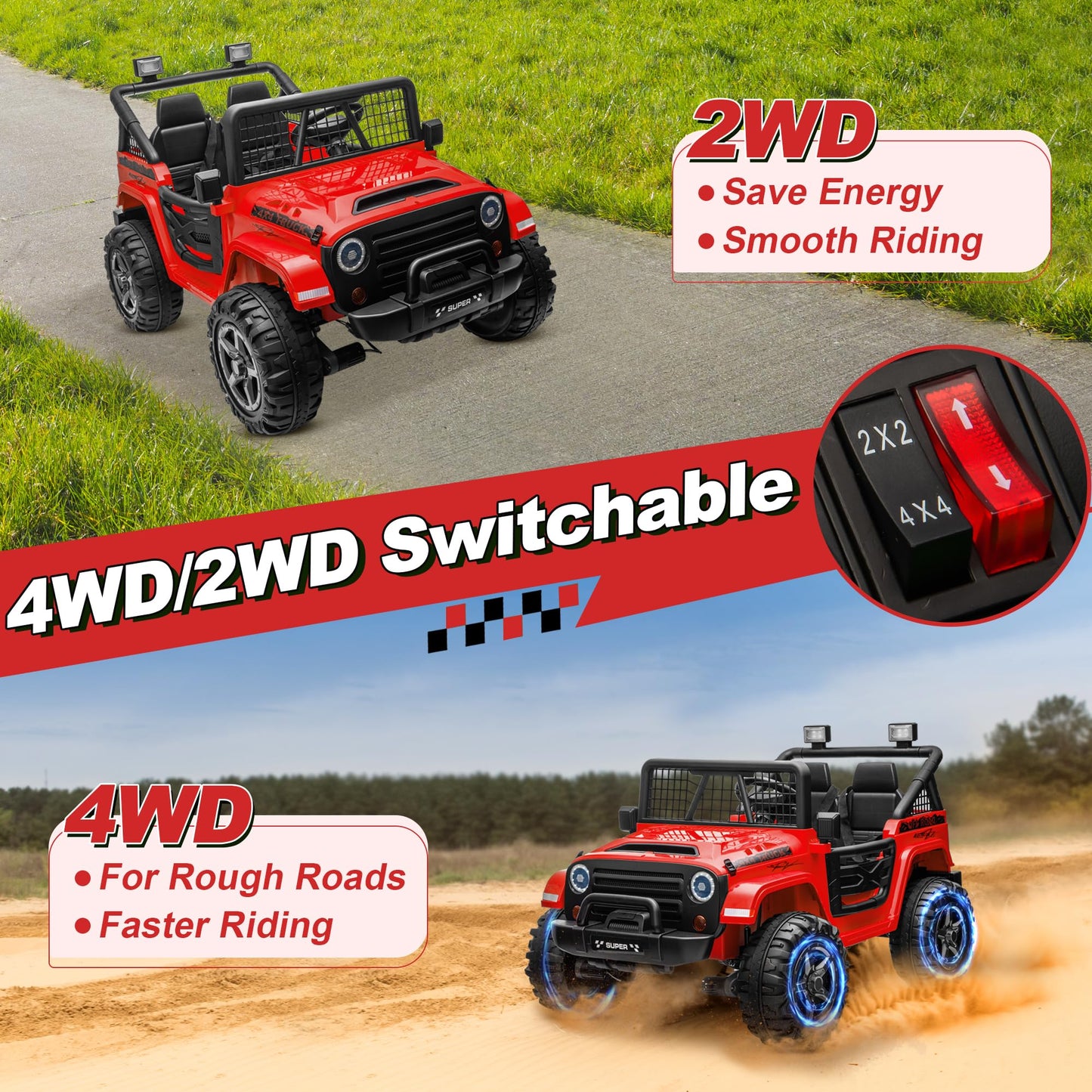 24V XL Ride on Car with Remote Control, JOYRACER 2 Seater 4WD/2WD Switchable Electric Car for Kids w/20 Inch Wide Seat, Gift Flower, 4X200W Power Car Wheels 24 Volt Big Truck for Boys Girls, Red