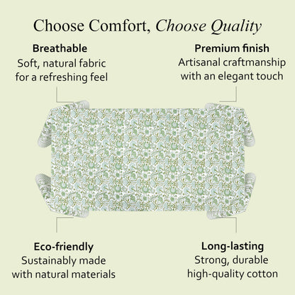 CPC Tablecloth 100% Cotton 60x90 Inch Indian Block Print Rectangle Table Cover, Washable Table Cloth for Weddings, Spring/Summer, Barbeque - Agate Green