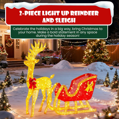 Sweetcrispy 4 FT Lighted Christmas Reindeer & Santa Sleigh Set, Family Outdoor Indoor Xmas Pre-Lit Yard Decoration w/ 180 LED Lights, Holiday Deer & Sled for Garden Lawn Patio Display, Gold-Red