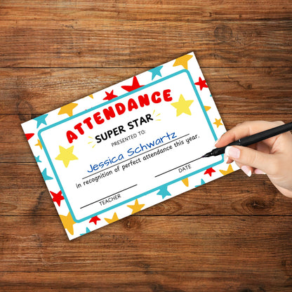 Certificate of Perfect Attendance 30pk 6x9” Cardstock Student End of Year Awards from Teachers Star Background School Attend Never Missed a Day