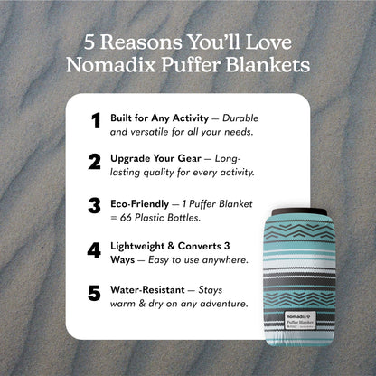Nomadix Puffer Blanket – Water-Resistant, Eco-Friendly Insulated Blanket with Snaps for Camping, Beach, and Travel, Made from Recycled Materials