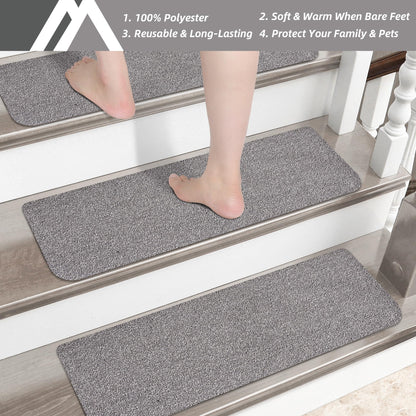COSY HOMEER Stair Treads Non-Slip Carpet Mat 28inX9in Indoor Stair Runners for Wooden Steps, Stair Rugs for Kids and Dogs, 100% Polyester TPE Backing 4pcs,Grey,Protect Floor