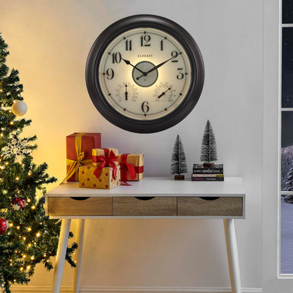 CLXEAST Illuminated Indoor Outdoor Clocks Waterproof 18 inch with Smart Night Light Sensor,Large Wall Clock with Thermometer & Hygrometer,Oil Rubbed Bronze Black,Spring Outdoor Decor