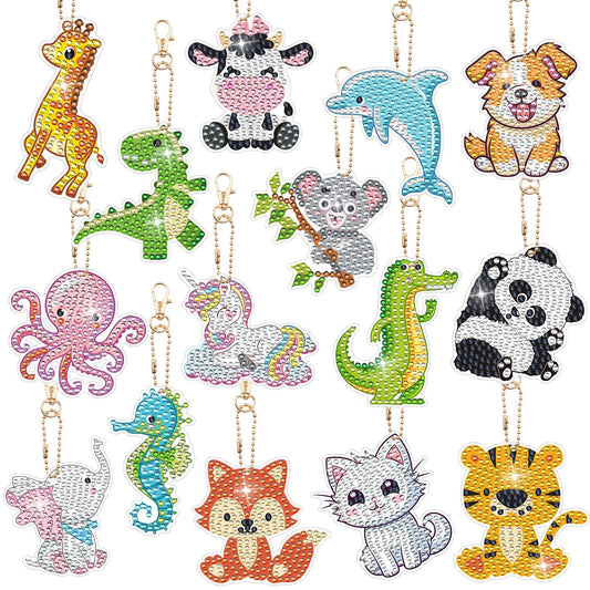 Augisteen 15 PCS Diamond Painting Keychains Animal Diamond Art Ornaments Double Side Diamonds Key Rings DIY 5D Art Pedants for Beginners Birthday Crafting Home Party Decor
