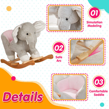 Elephant Baby Rocking Horse Wooden Rockers with Base Seat Safety Belt and 1 Pcs Elephant Plush Stuffed Animals Toy for Toddlers 1-3
