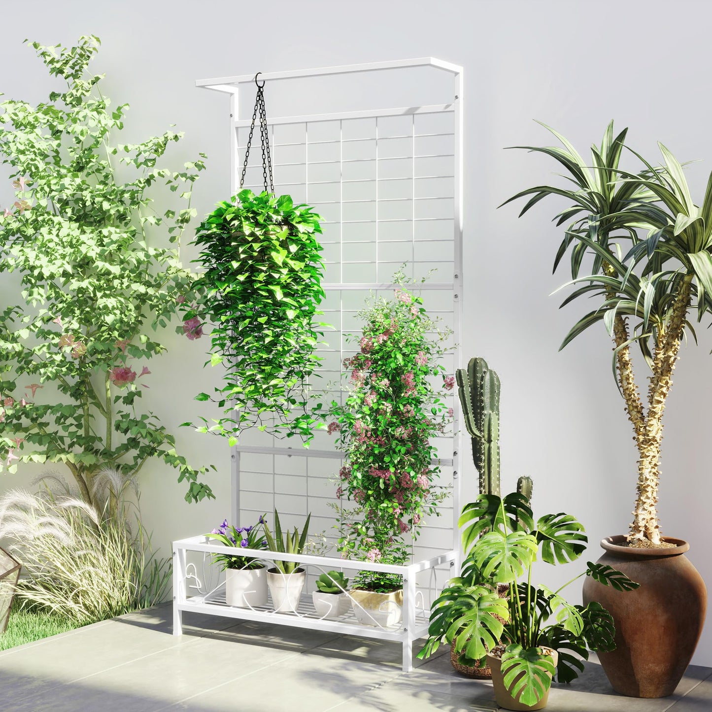 Outsunny Tall Plant Stand with Trellis and Hanging Bar, Metal Plant Holder Flower Stand for Vine Climbing Plants Flowers Indoor Outdoor Use, 36" x 12.8" x 74", White