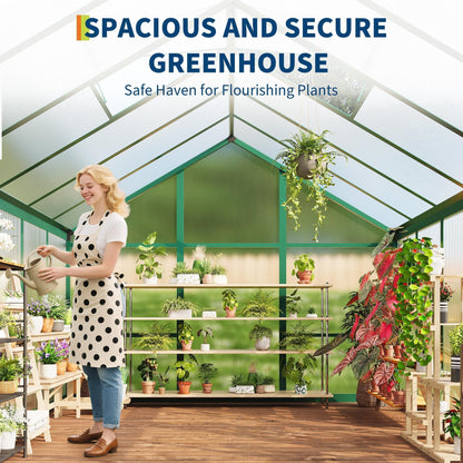 Greenhouse, 6x10 FT Greenhouse for Outdoors, Walk-in Green House with Ground Nails and Vent Windows, Sliding Lockable Door, Polycarbonate Greenhouses for Outside Garden Backyard, Quick Setup, Green