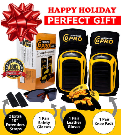 CARIB GEAR PRO USA Work Knee Pads for Men and Women Heavy Duty Double Gel Construction Knee Pads with Anti Slip Straps for Flooring Tiling Gardening Includes Leather Gloves and Safety Glasses