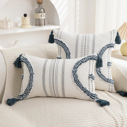 Boho Throw Pillow Covers 18x18 Set of 2 Cotton Woven Tufted Farmhouse Pillows Covers with Tassels Outdoor Neutral Navy Decorative Pillowcases Square Textured Accent Cushion Cases for Couch Bed Sofa