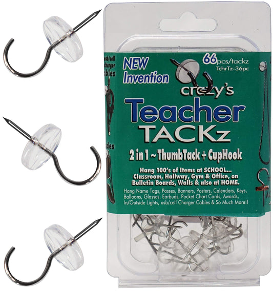 TEACHER TACKz 66 tacks - School Supplies for Teacher's Class Room - 2 in 1 push pin hook - thumb tack hook - Banners Signs Word Wall Cards Name Letter Fact Family Flash Matching Number Pocket Spelling