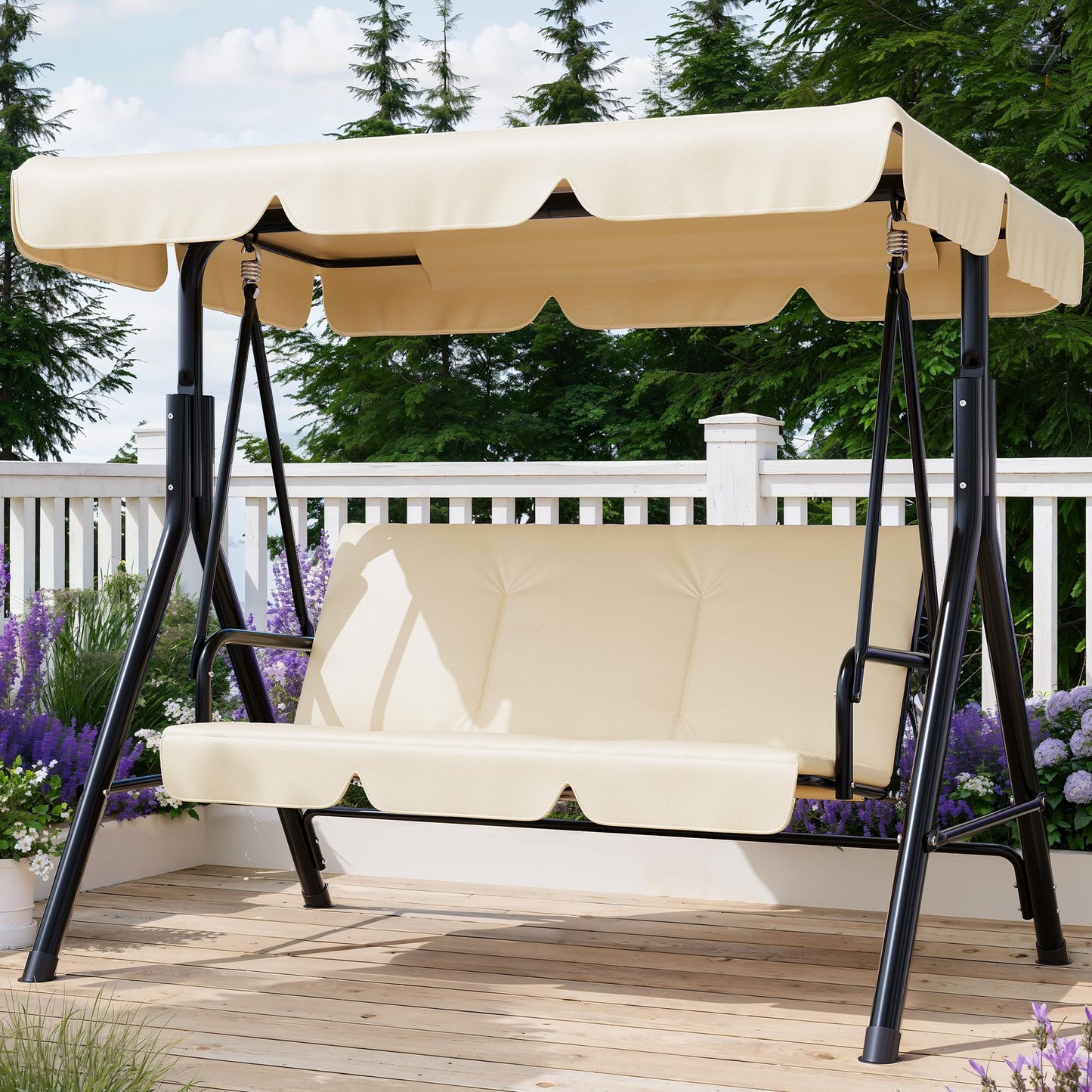 Garvee Outdoor Porch Swing with Adjustable Canopy, 3-Seat Patio Swing Chair with Stand, Heavy Duty Outdoor Swing for Adults, Metal Frame Patio Swing for Garden, Backyard & Poolside,Khika