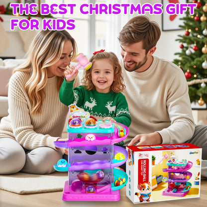 2-in-1 Rolling Ball & Car Ramp Race Track for Toddlers, Hammer Ball Drop Toy for Boys & Girls, Interactive Playset w/Sensor Lights - Montessori STEM Learning Toys for Kids 1-5+ Year Old