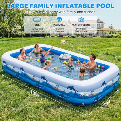 Inflatable Pool for Kids & Adults, 130" x 72" x 22" Large Family Blow Up Pool for Backyard, Thickened PVC Kiddie Pool Above Ground Pool, Easy Setup Summer Outdoor Garden Pool
