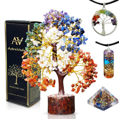 AstraVeda Large 500 Bead Crystal Tree of Life, 7 Chakra Feng Shui Healer, Gemstone Pyramid, Home Office Decor