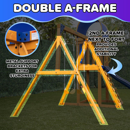 Sportspower Amanda Cedar Wooden Swing Set with Saucer Swing, 6FT Blow Molded Slide, Swing, Play Fort, Heavy Duty Double A-Frame, on Slide
