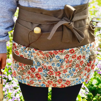 MILCIL Women's Floral Waist Apron, Gardening & Kitchen Apron, Half Cute, Peach Blossom, 8 Pockets, One Size Fits All