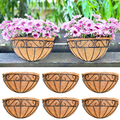 LaLaGreen Wall Hanging Planters, 6 Pack, 12 Inch Balcony Flower Baskets with Coco Liner Outside, Outdoor Vertical Garden, Fence Pots Holder Half Round Semi Circle Rail Railing Deck Porch Balcony Patio