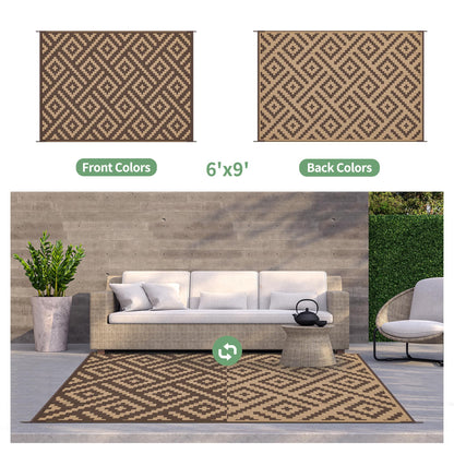 GENIMO Outdoor Rug for Patio Clearance, 6'x9' Reversible Plastic Straw Rugs, Lightweight Waterproof RV Camping Mat for Camper, Balcony, Deck, Backyard, Picnic, Coffee & Brown