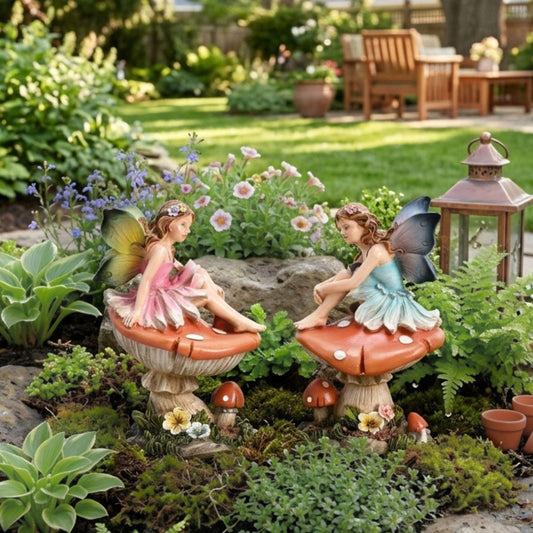 TERESA'S COLLECTIONS Garden Decor Outdoor, 2set of Fairy Sitting on Mushrooms Decor, Fairy Decor, Waterproof Resin Garden Decor, Fairy Garden Gift for Mom, Indoor/Outdoor,6.3"