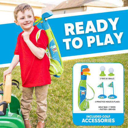 Kid Trax 6V Golf Cart Ride-On for Toddlers, Ages 3+, Golf Clubs & Balls, Lights & Sounds, 2MPH Max Speed, 66lbs Capacity, Seat Belt & Cup Holder, Rechargeable Battery, Forward & Reverse