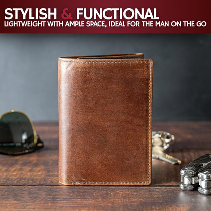 BULL GUARD Leather Trifold Wallets For Men In Grizzly Brown with ID and RFID Blocking Great For Work, Sports, Outdoors, No Logo Design