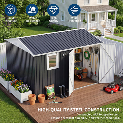 10x8FT Outdoor Storage Shed with Pushable Window, Metal Garden Shed with Sloping Roof,Breathable Vent and Lockable Doors, Steel Tool Shed for Patio Garden, Garage, Backyard, Poolside