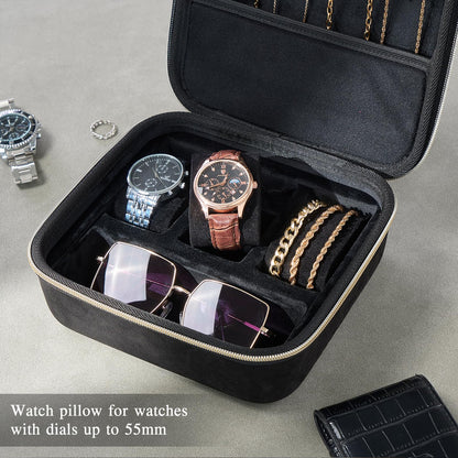 ProCase Mens Small Jewelry Storage Case, 3 Slots Travel Watch Accessories Carrying Box, Glasses Necklaces Rings Bracelets Zippered Organizer Bag for Male -Black