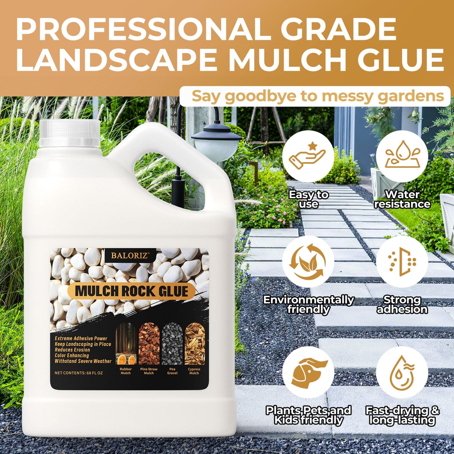 BALORIZ Mulch Glue - 68oz Mulch and Rock Glues for Landscaping, Pea Gravel & Bark, Strong Stabilizing Gravel Glue with Applicator Ready to Use Mulches Glues for Rocks Locking Most Mulches