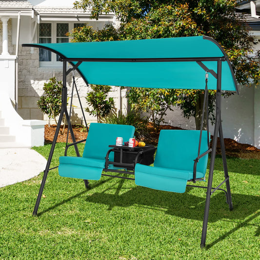 Tangkula 2 Person Porch Swing, Pivot Storage Table, Cooler Bag, 2 Cup Holders, Removable Cushions, Outdoor Patio Swing with Canopy for Backyard Balcony Poolside (Turquoise)