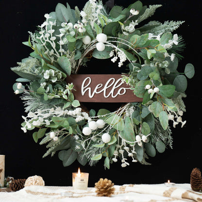 Winter Wreaths Front Door, Soomeir 24 Inch Winter Door Wreath with Snow Leaves, Pines Needles and Hello Wooden Sign for Home Window Mantle Indoor Outdoor Decor