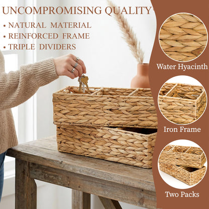 Pumtus 2 Pack 3-Section Woven Baskets, Water Hyacinth Storage Bin, Handwoven Desk Organizer, Toilet Paper Container, Rectangle Holder for Counter Top Toilet Tank Shelves Coffee Bar Pantry