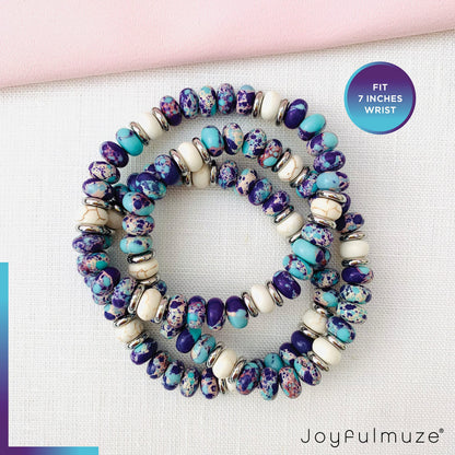 Joyfulmuze Purple and Blue Beaded Bracelets For Women, Emperor Turquoise and White Lava Marble Stone, Handmade Stretchable Multi Color Unisex Gift (Purple-Emperor+White-Marble-Lava)