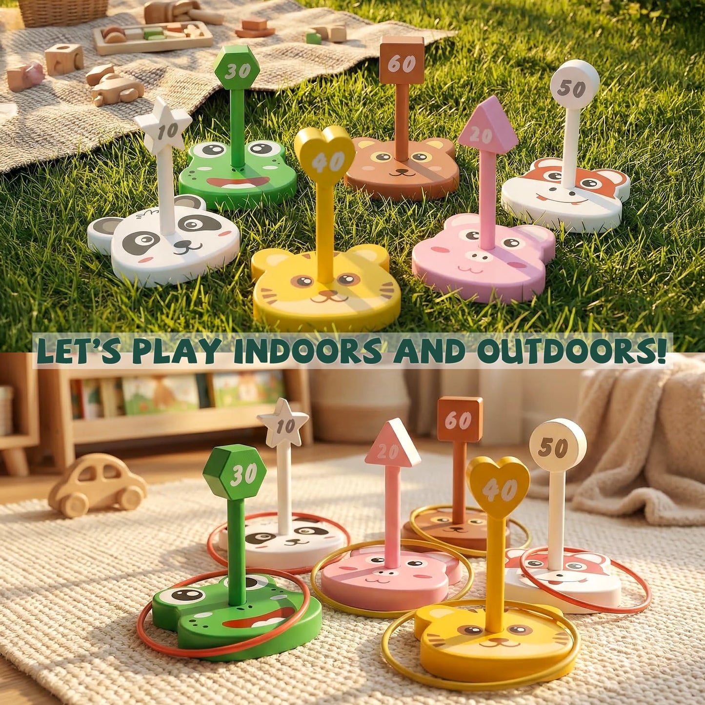 Animal Ring Toss Game Toy Set for Kids, 6 Targets Stands & 36 Rings Combo, Indoor Outdoor Party Yard Family Adults Activity, Holiday Present Birthday Gift for Toddlers Boys Girls Child Ages 3+
