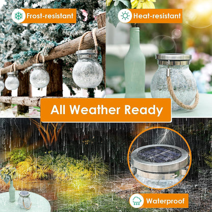 Cooo 6 Pack Gifts for Him Her Solar Lanterns Outdoor Waterproof Heavy Crackle Glass 30 LED Warm Firefly Lights Solar for Women Mom Grandma Outdoor Table Lamps Garden Yard Decor