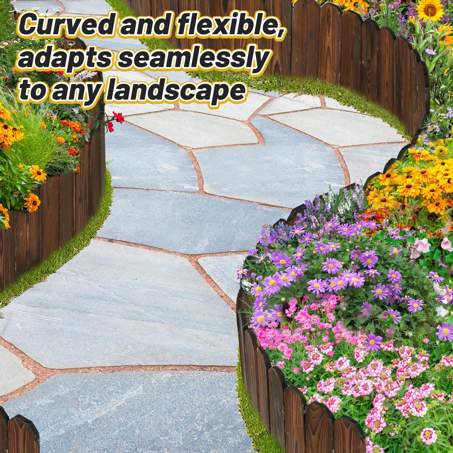 Rustic Pine Wood Landscape Edging - 11.8ft L x 8in H Garden Fence Border, Easy to Install Sturdy Wooden Planter Fencing for Yard Flower Bed Lawns Pathway Tree