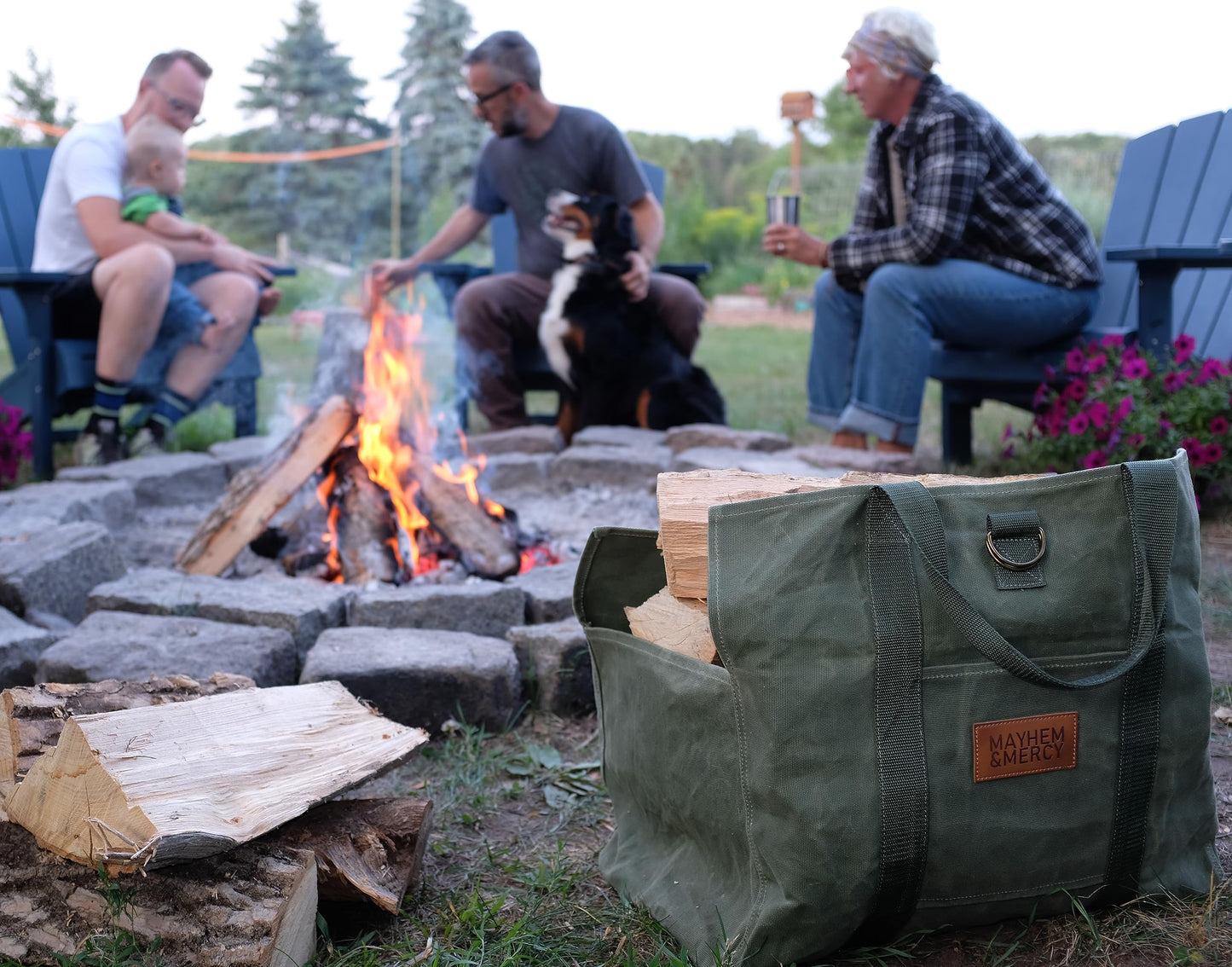 MAYHEM & MERCY Extra Large Waxed Canvas Firewood Carrier Tote – Heavy Duty Log Bag with Handles & Pocket – Self-Standing Wood Holder for Fireplace, Camping, and Outdoor Use – Hunter Green