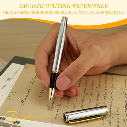 BEILUNER Luxury Rollerball Pen, Stunning Silver Chrome with 24K Gold Finish,Noble and Elegant Designs,Schneider Ink Refill, Best Gift Pen for Men & Women, Professional, Executive Office, Fancy Pens
