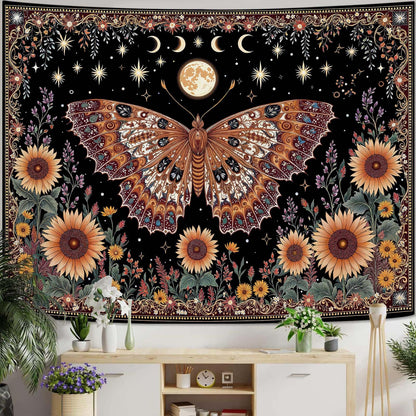 CKM-WOYIN Butterfly Tapestry Moon Star Retro Floral Sunflower Plant Tapestries for Bedroom Witchy Aesthetic Room Decor Tapestries Wall Hanging for Living Room, Bedroom, Dorm (60''×44'')