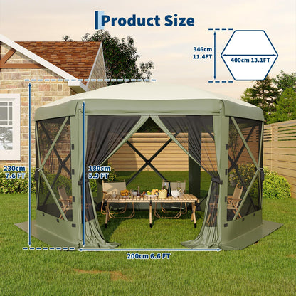 GarveeLife 13x13FT 6-Sided Pop Up Gazebo Tent，One-Push Setup Canopy Tent with Removable Canopy Top & Wind Cloths, Outdoor shelter for Camping, Backyard Parties, Outdoor Events - Army Green