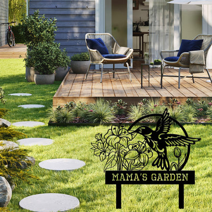 BMYDIY Personalized Garden Signs for Outside, Custom Metal Hummingbird Flowers Garden Decor with Stake, Custom Name Signs Outdoor Yard Patio Backyard Metal Decor Home Gifts