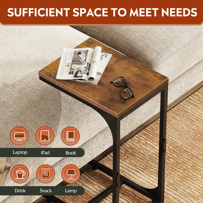 WLIVE C Shaped End Table, Small Couch Side Tables with Metal Frame That Slide Under, Sofa Table TV Tray for Living Room, Bedroom, Rustic Brown
