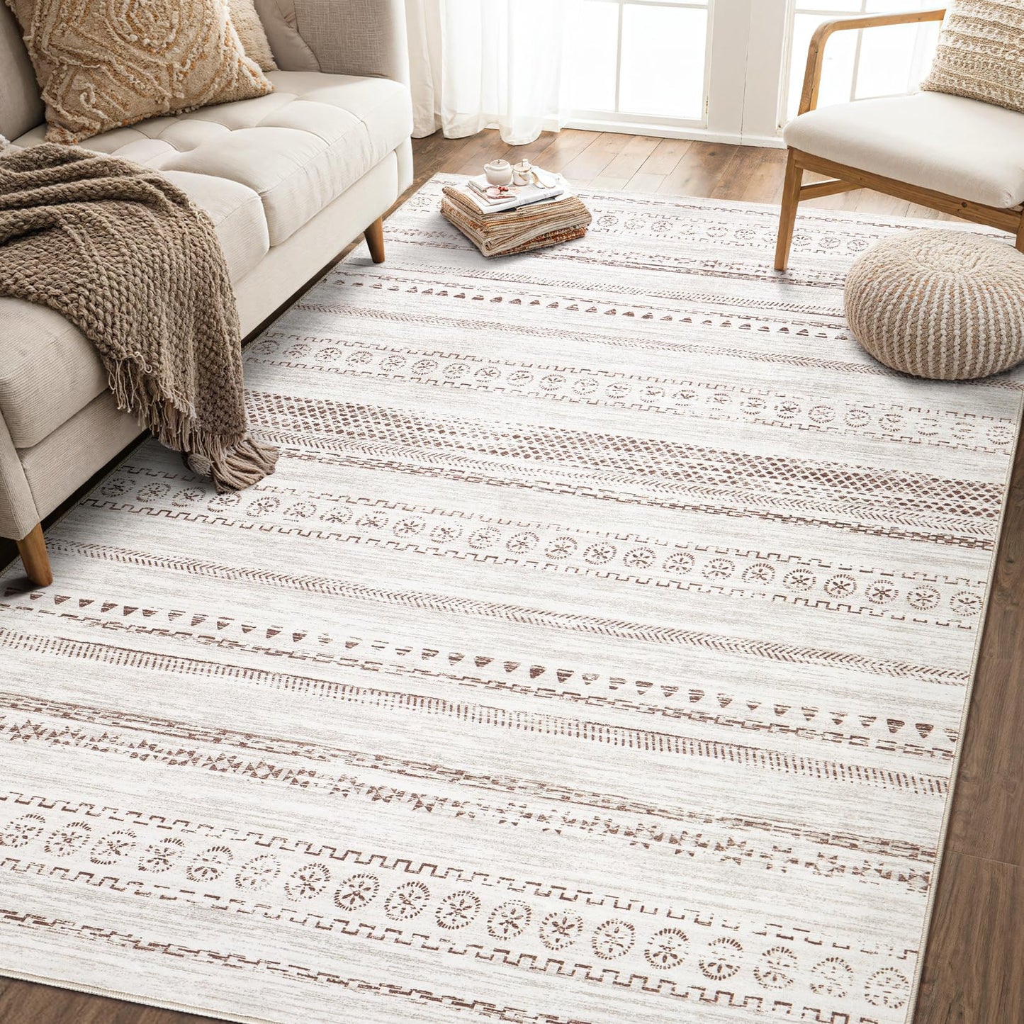 kakania 6x9 Washable Area Rug: Non Slip Soft Thin Carpet, Boho Geometric Modern Decor, Easy Clean Indoor Floor Rugs for Living Room Bedroom Kids Dorm Office Dining - Brown